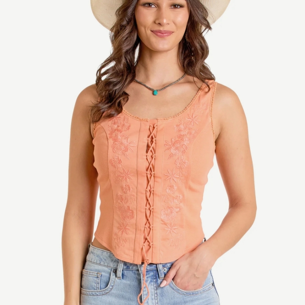 Embroidered Lace-Up Peach Tank Top
